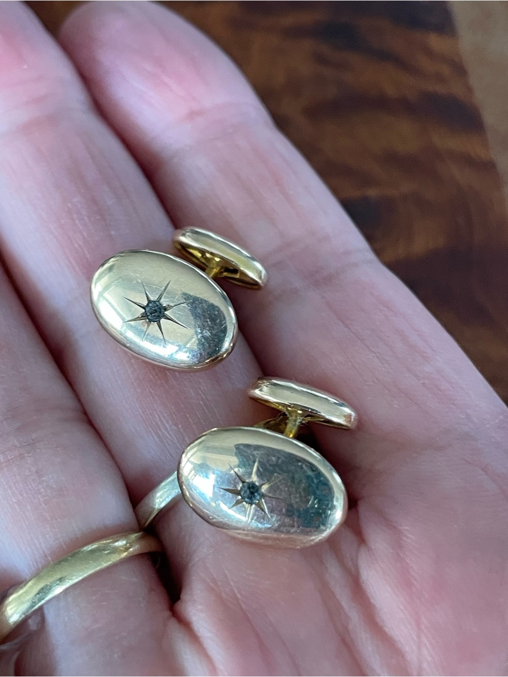 Premier Vintage Gold tone Cufflinks Oval Starburst Motif and Rhinestone Centers